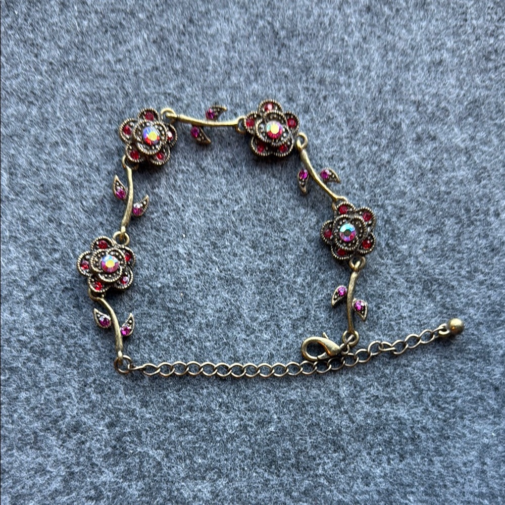 Vintage look Gold and Red/Pink Floral Bracelet with Adjustable Chain